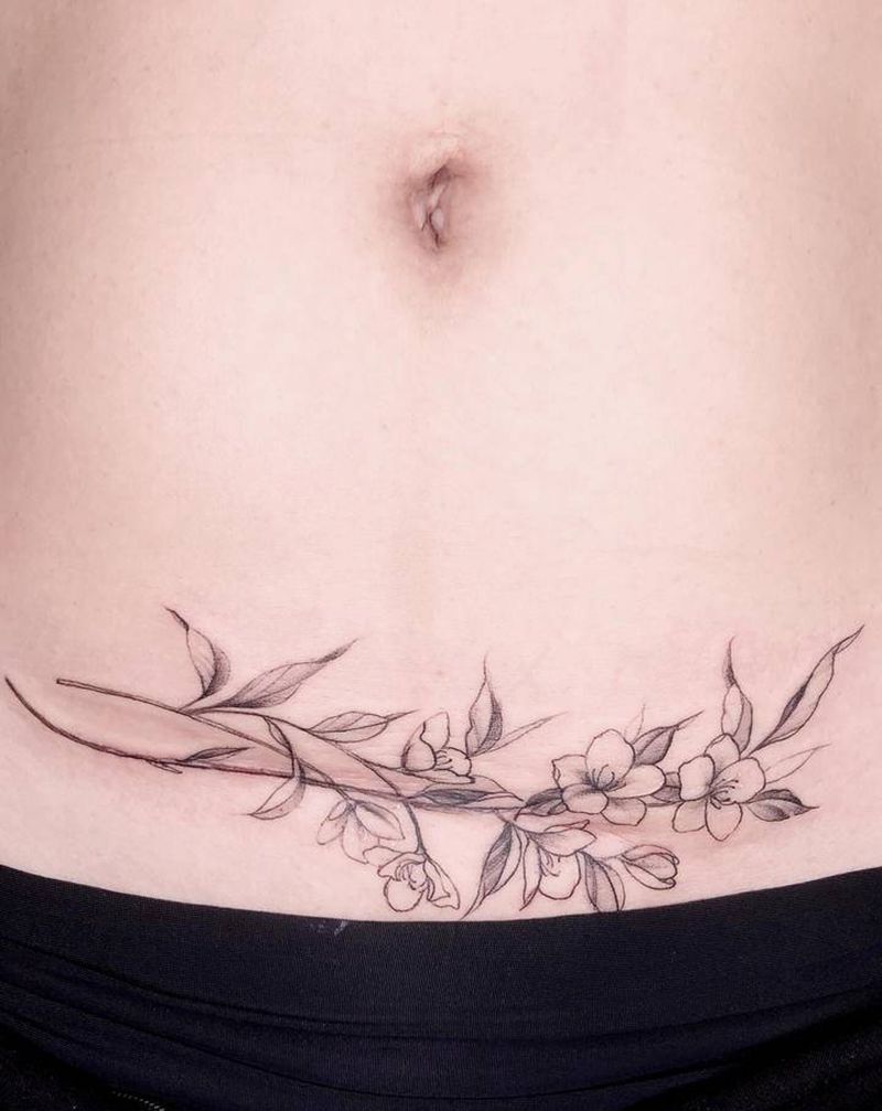 木槿花遮盖纹身图片_腹部小清新纹身图案