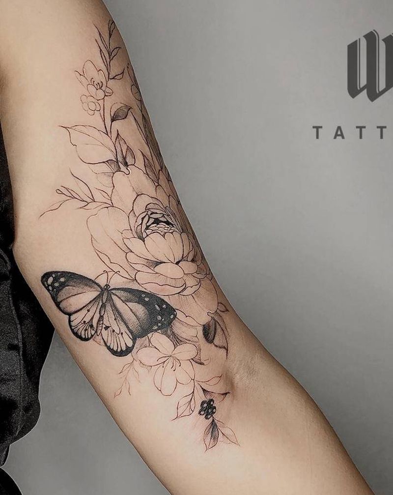 蝴蝶牡丹纹身图片_手臂小清新纹身图案