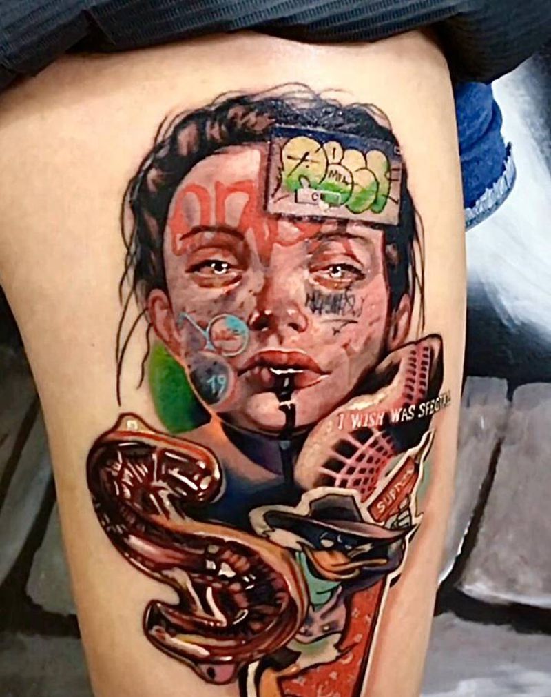 涂鸦写实的碰撞纹身图片_腿部欧美写实New School纹身图案