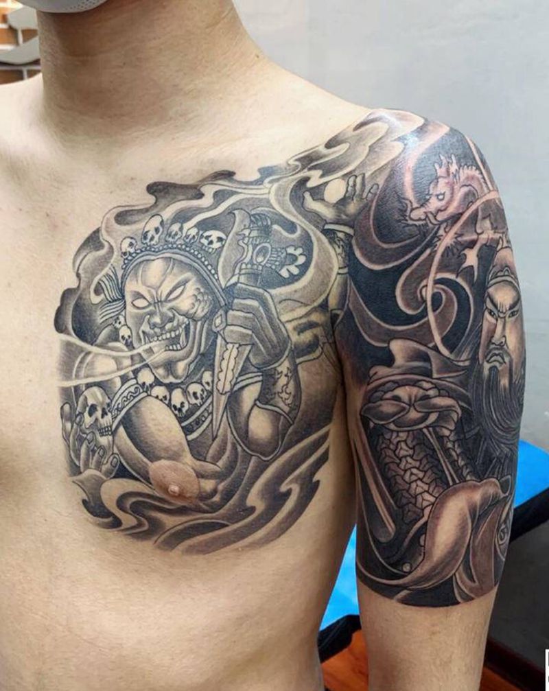 半甲纹身图片_肩部胸部新传统纹身图案