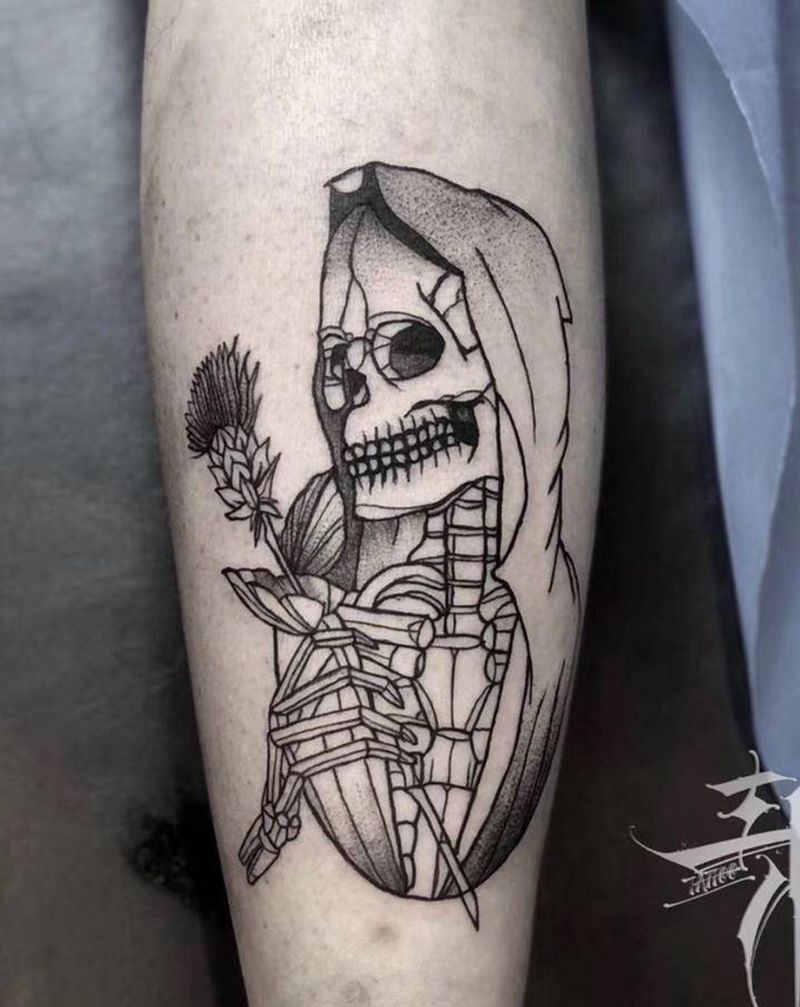 骷髅纹身图片_腿部点刺纹身图案