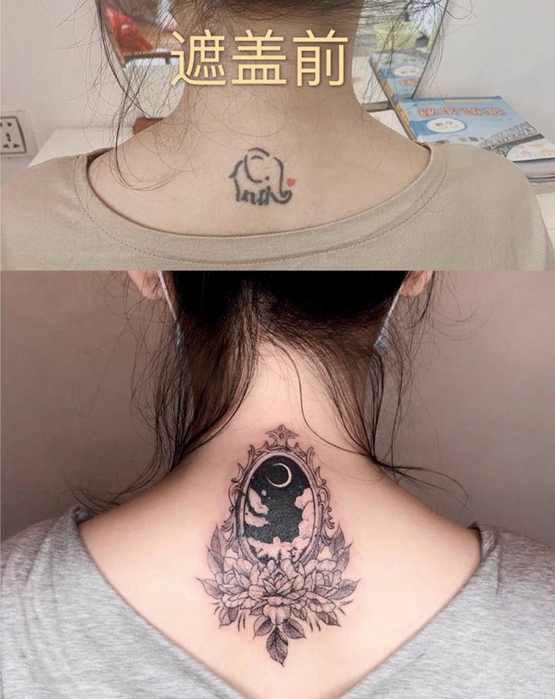素花遮盖纹身图片_背部小清新纹身图案