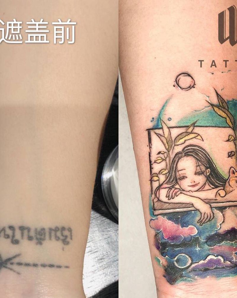插画遮盖纹身图片_手臂水彩纹身图案