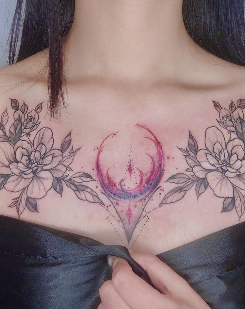 素花胸纹身图片_胸部小清新纹身图案