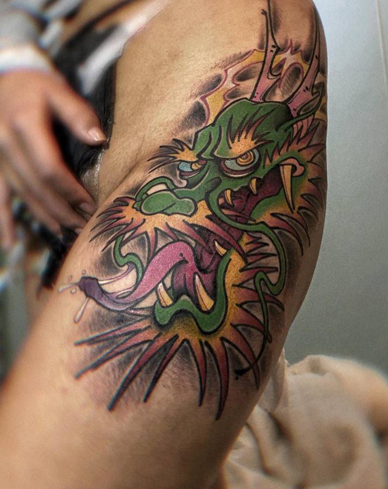 龙头纹身图片_腿部Old School纹身图案