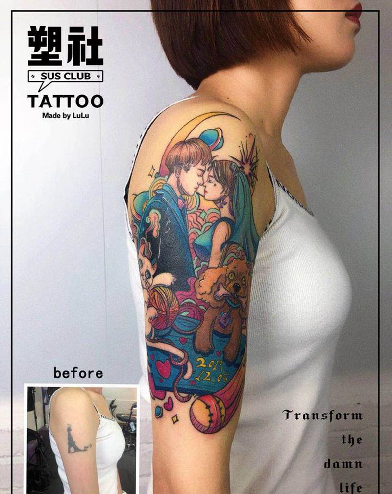 结婚照设计遮盖纹身图片_手臂New School个人风格纹身图案