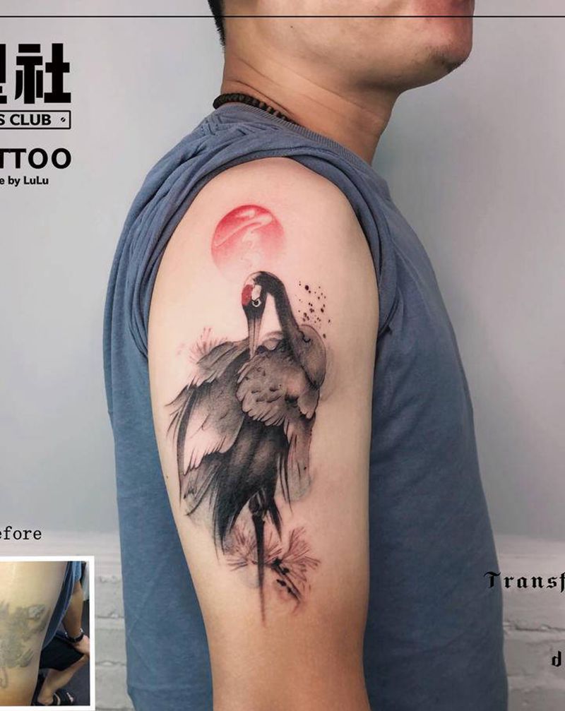 水墨鹤遮盖纹身图片_手臂水墨纹身图案
