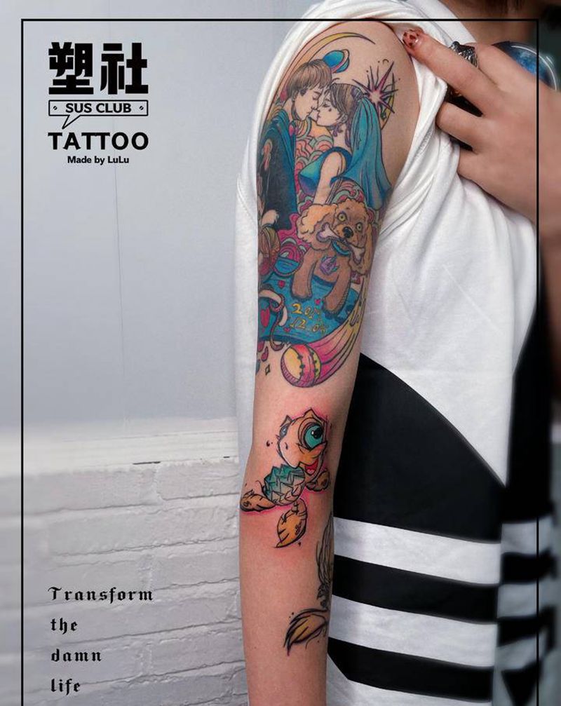 拼接卡通花臂纹身图片_手臂New School纹身图案