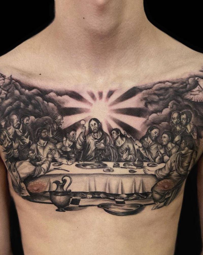 最后的晚餐花胸纹身图片_胸部欧美写实纹身图案