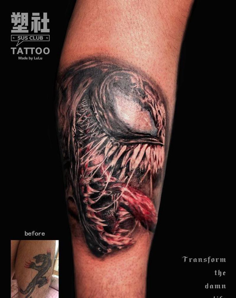 毒液遮盖纹身图片_腿部欧美写实纹身图案