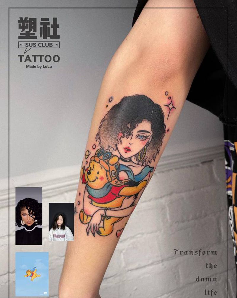 照片结合小熊维尼纹身设计纹身图片_手臂New School纹身图案