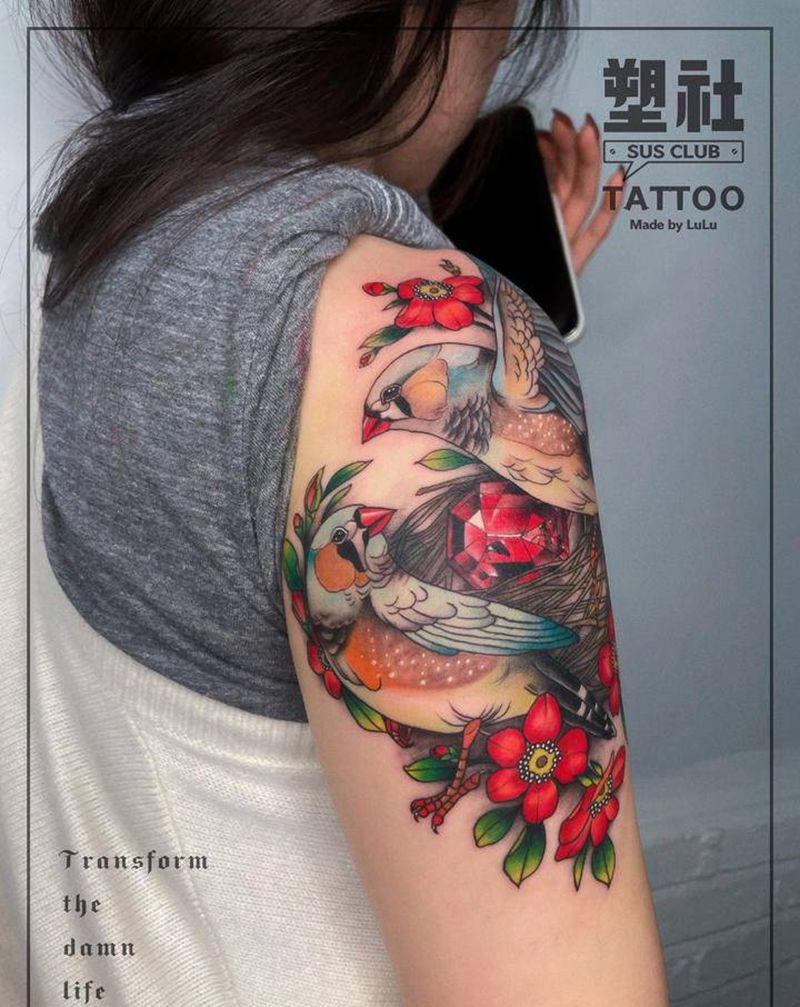 『喜鹊筑巢』寓意吉祥纹身图片_手臂New School水彩纹身图案