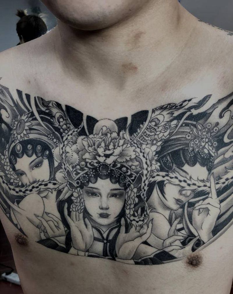 花胸纹身图片_胸部新传统老传统纹身图案