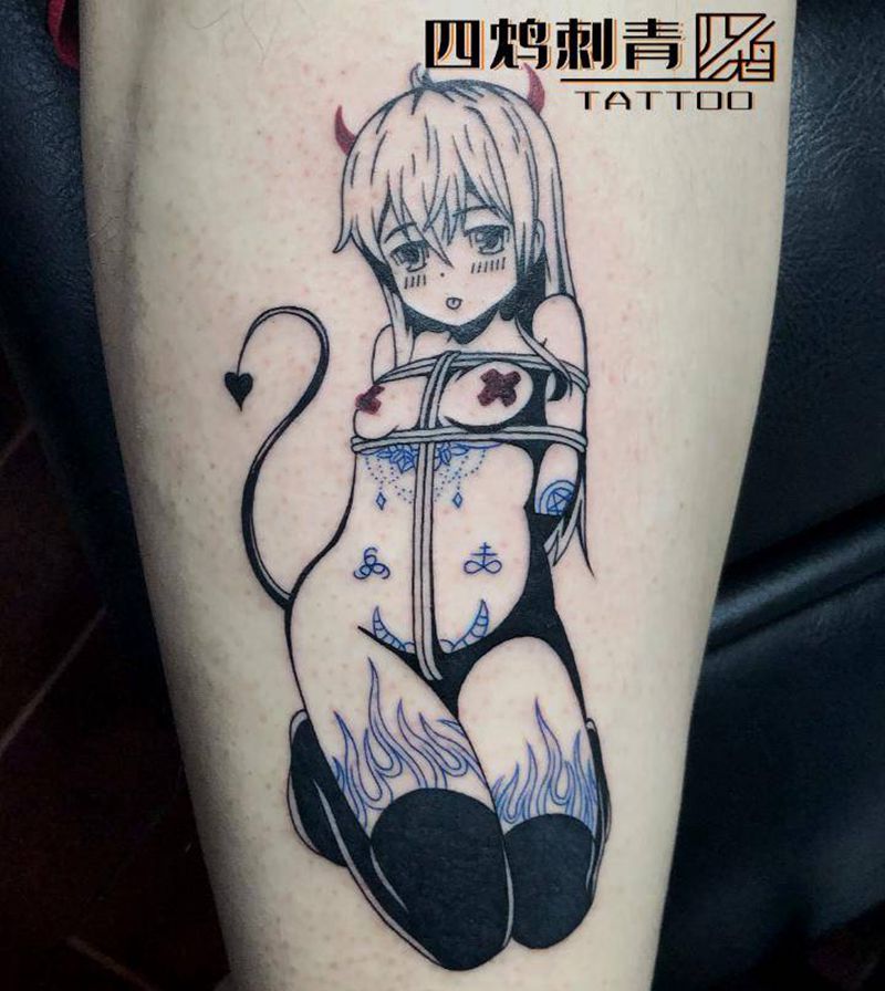 羞女纹身图片_腿部New School纹身图案