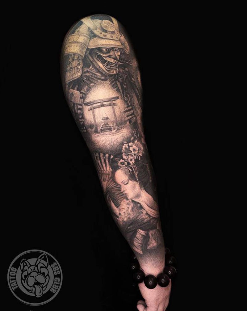 点刺日式题材花臂 后几张细节图纹身图片_手臂点刺纹身图案