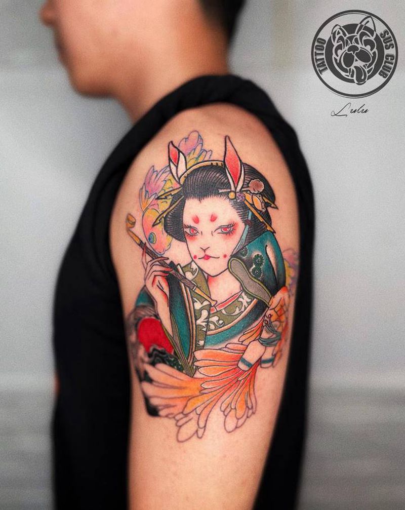 艺妓结合兔 鹤 鱼 元素纹身图片_手臂水彩纹身图案