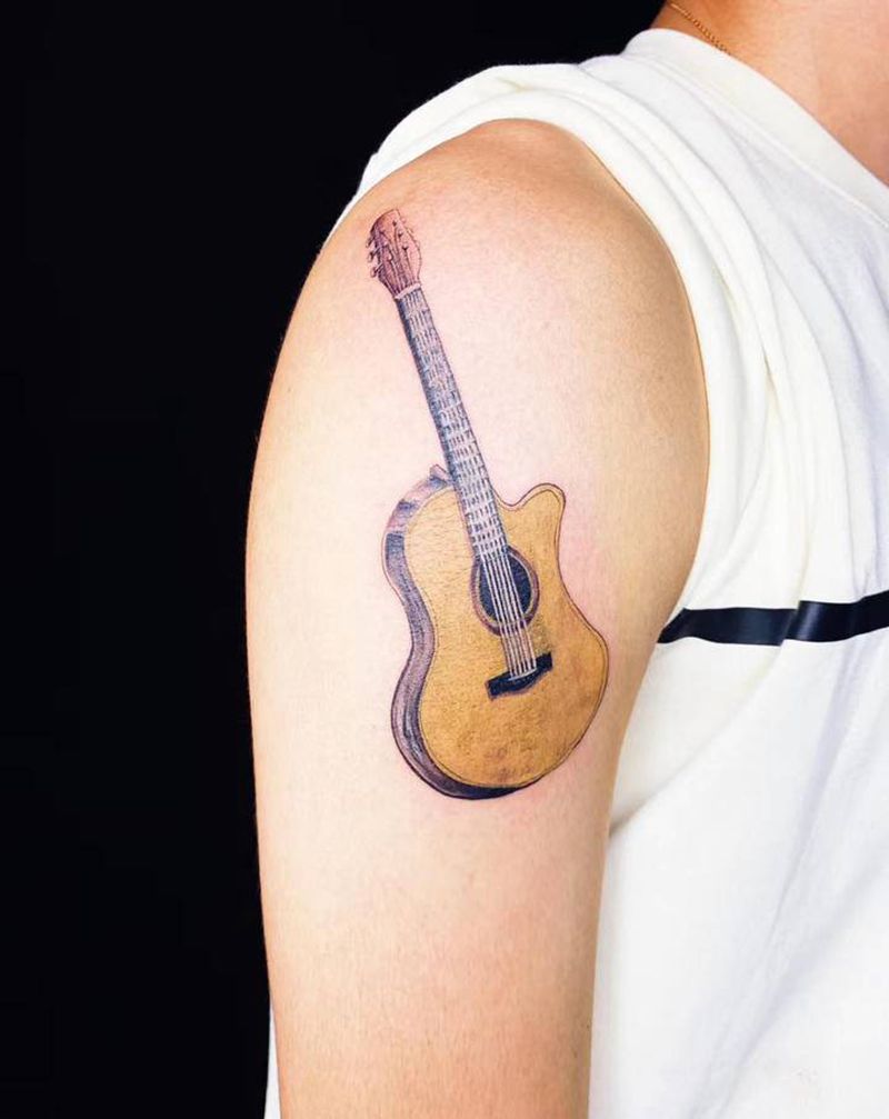 写实吉他（未完成）纹身图片_手臂New School水彩吉他纹身图案
