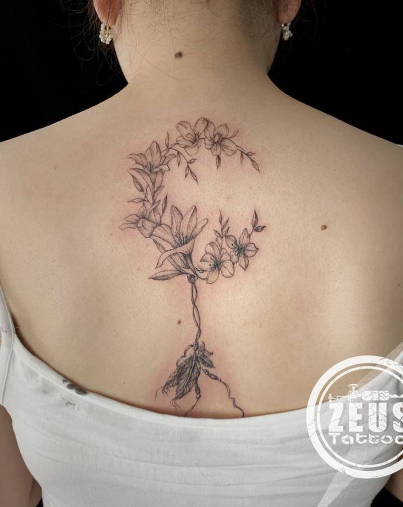 捕梦花环纹身图片_背部点刺素花羽毛捕梦网纹身图案