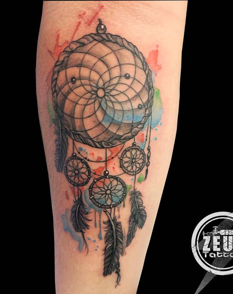 捕梦网（未完成）纹身图片_手臂New School水彩捕梦网羽毛纹身图案