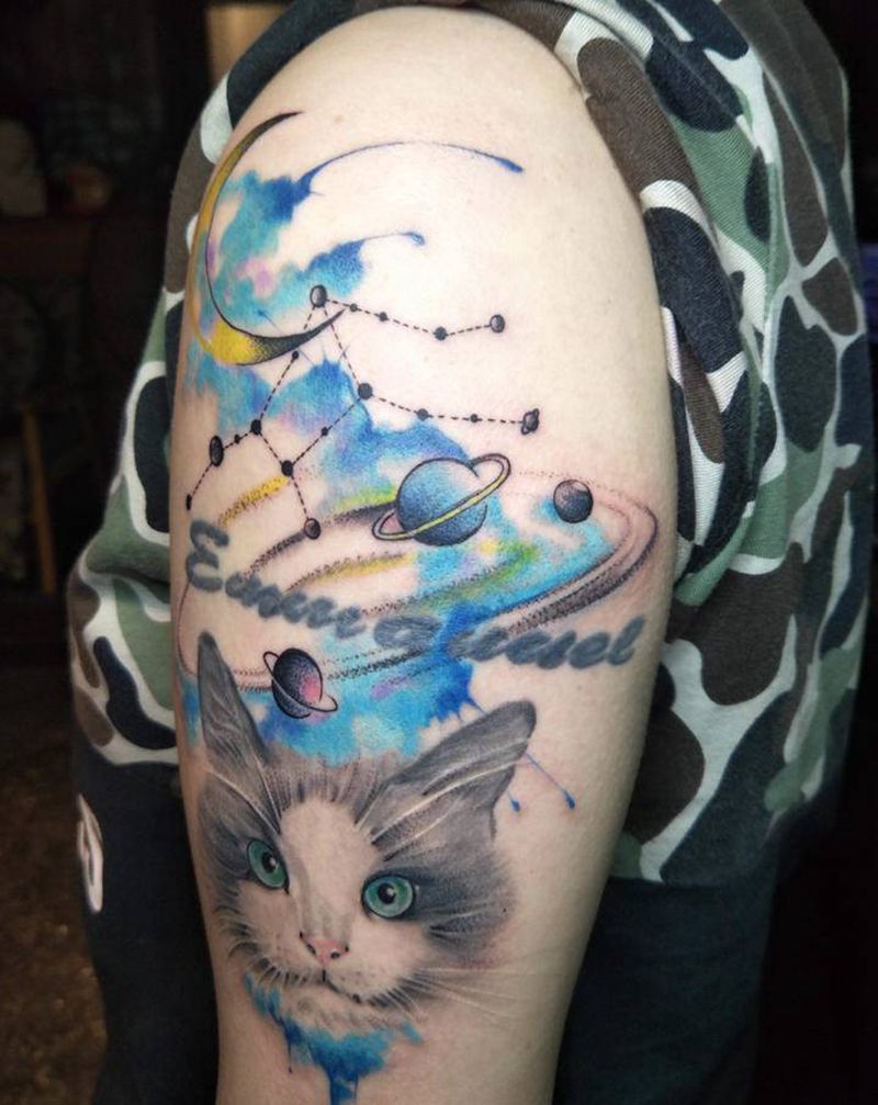 无题纹身图片_手臂水墨猫,星空纹身图案