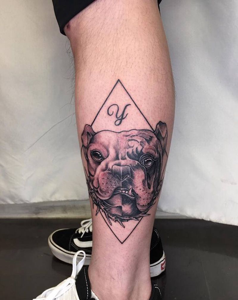 大狗子纹身图片_腿部欧美写实几何纹身图案