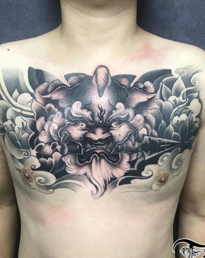 唐狮纹身图片_胸部新传统唐狮纹身图案