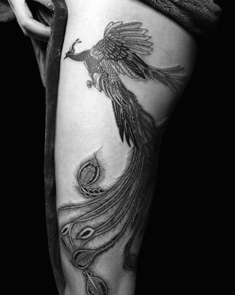 凤凰纹身图片_腿部老传统大腿凤凰纹身图案