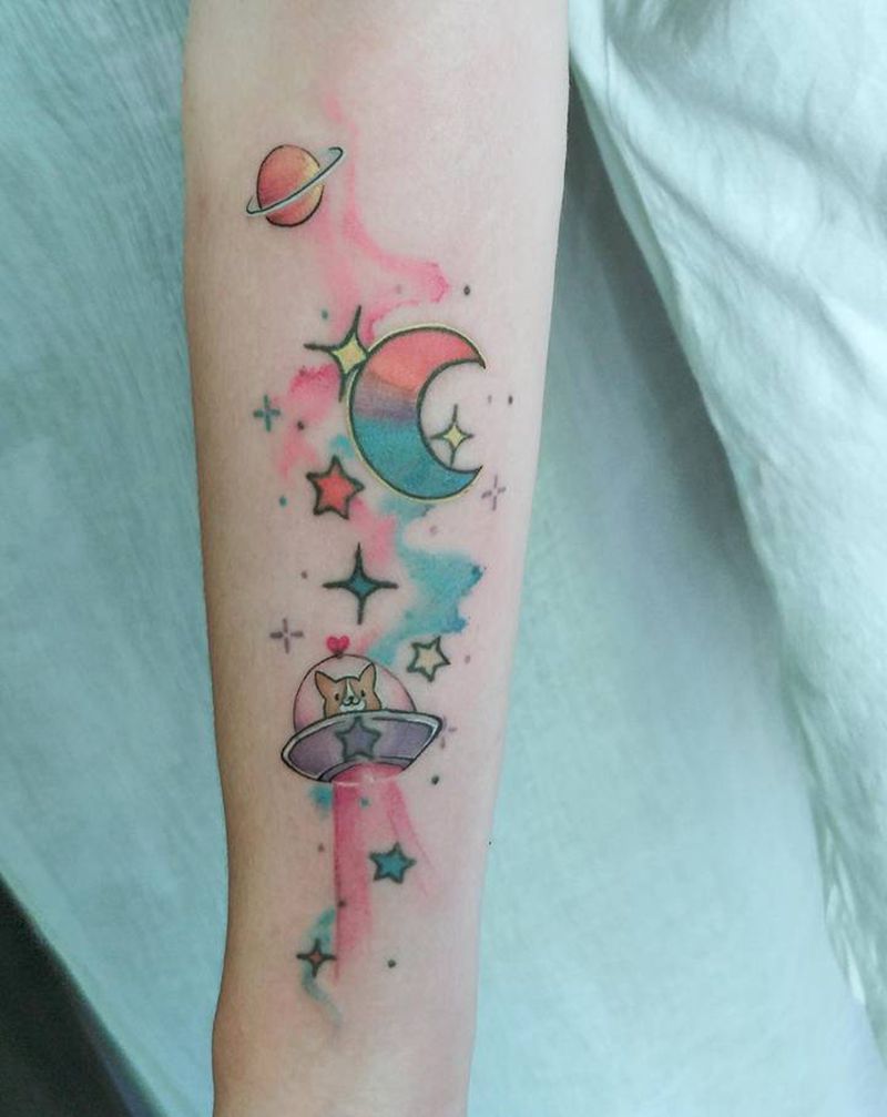 星空修改设计纹身图片_手臂水彩星空纹身图案