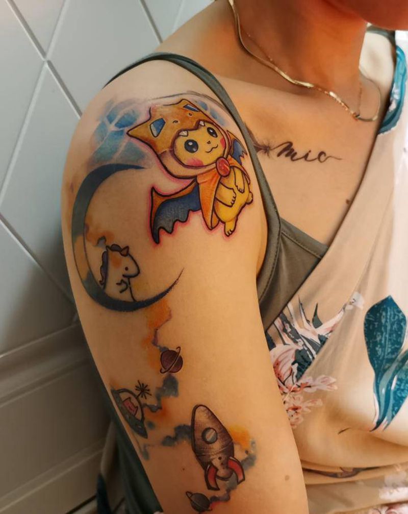 皮卡丘纹身图片_手臂水彩皮卡丘纹身图案