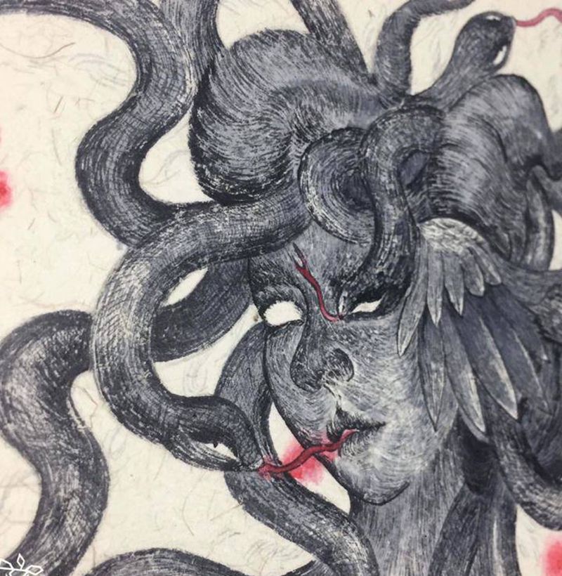 原创设计蛇吻纹身图片_腿部水墨蛇纹身图案