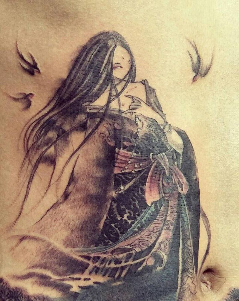 旧图覆盖纹身图片_腹部水墨古风人物纹身图案