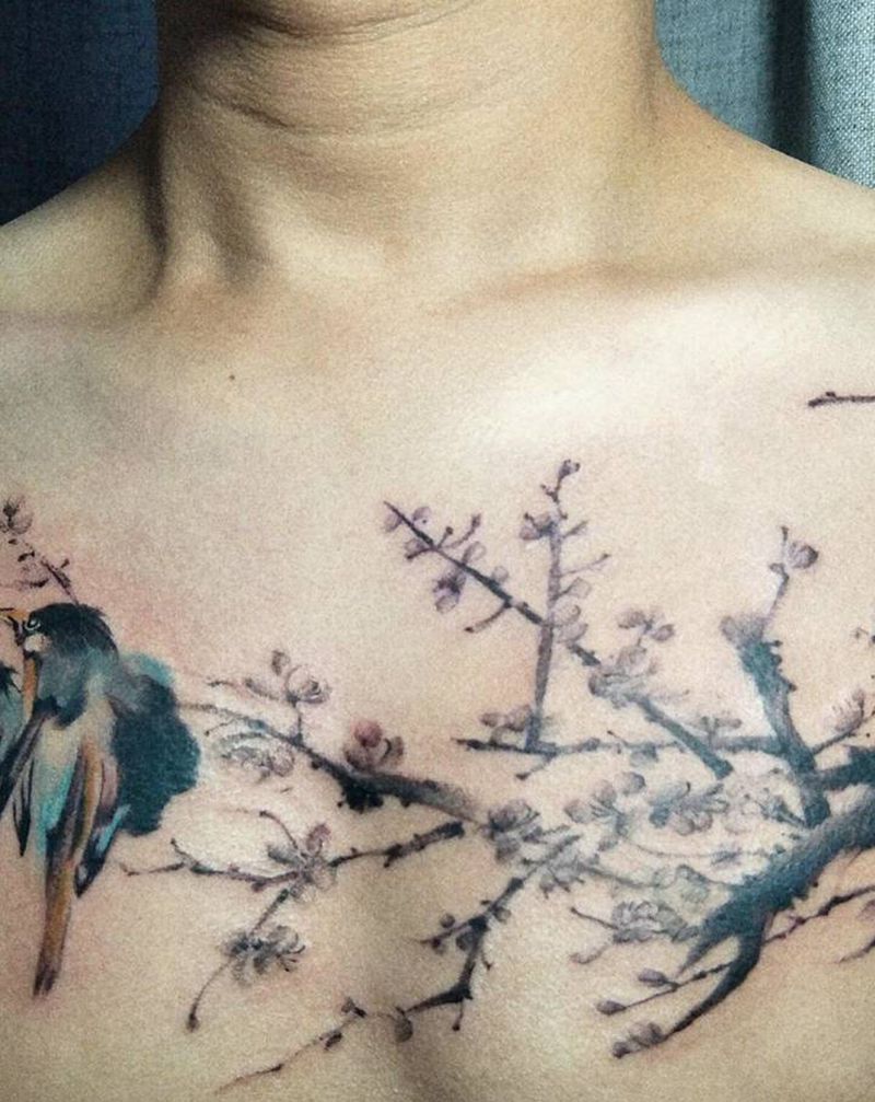 鸟语花香纹身图片_胸部水墨花鸟纹身图案