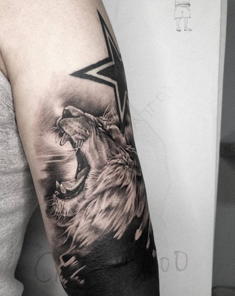 lion纹身图片_手臂欧美写实纹身图案