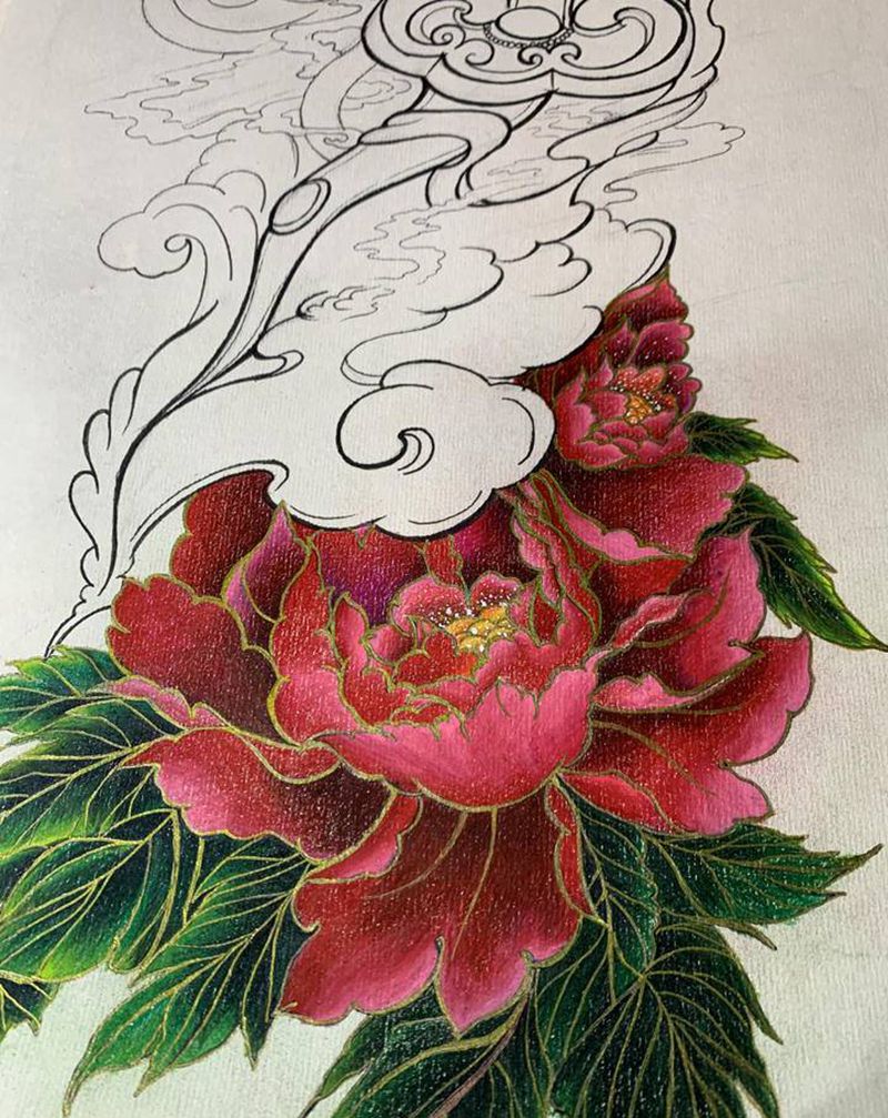 手绘作品纹身图片_腰部背部新传统水彩纹身图案