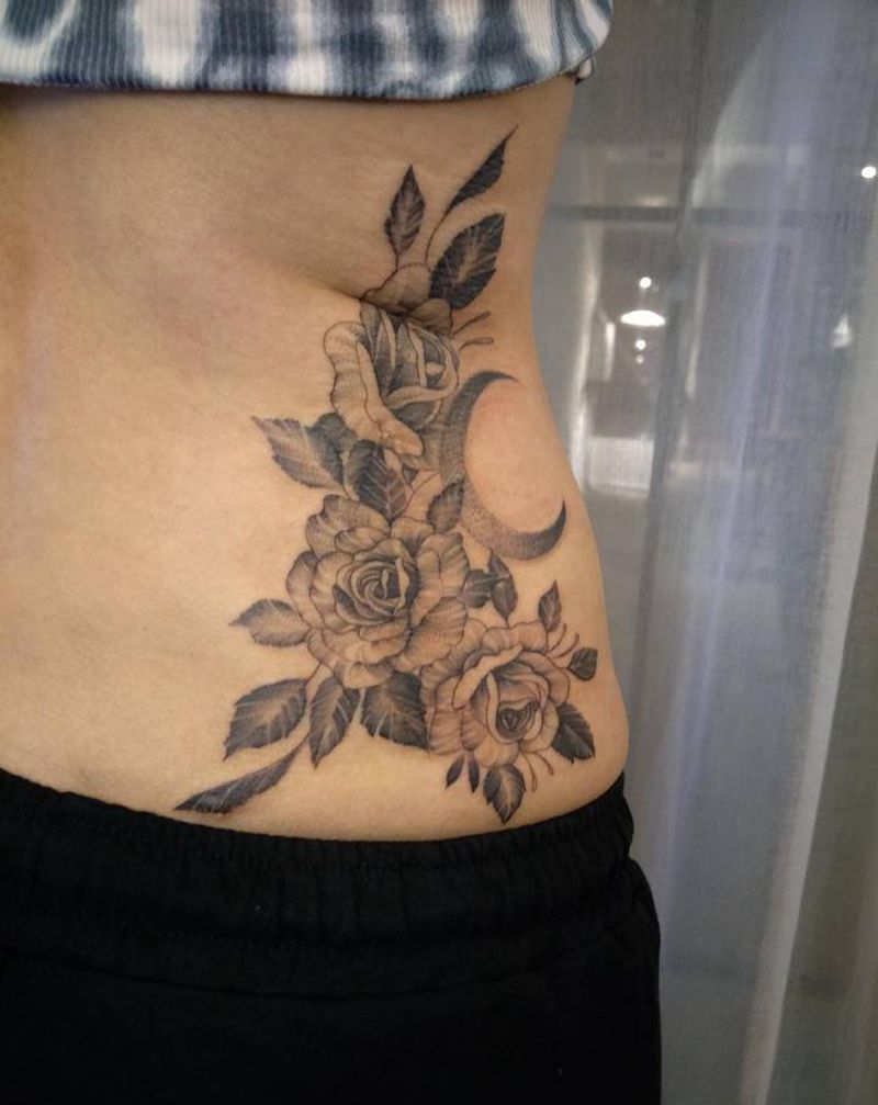 疤痕遮盖纹身图片_腰部腹部点刺素花纹身图案