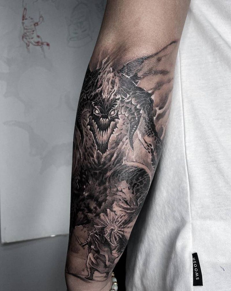 甘道夫VS炎魔纹身图片_手臂欧美写实纹身图案