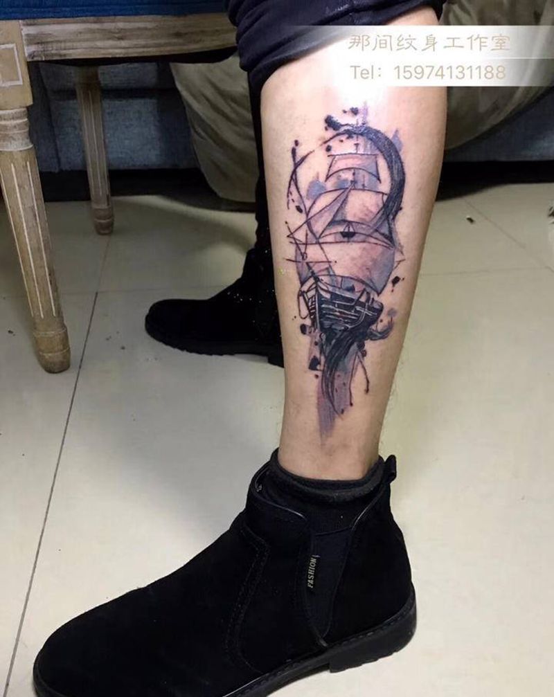 帆船⛵️纹身图片_腿部几何水墨纹身图案
