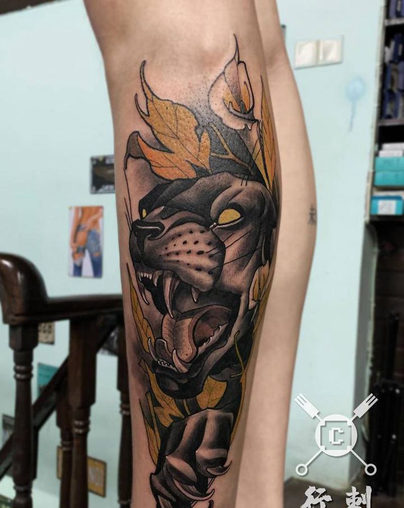 杜宾纹身图片_腿部New School纹身图案