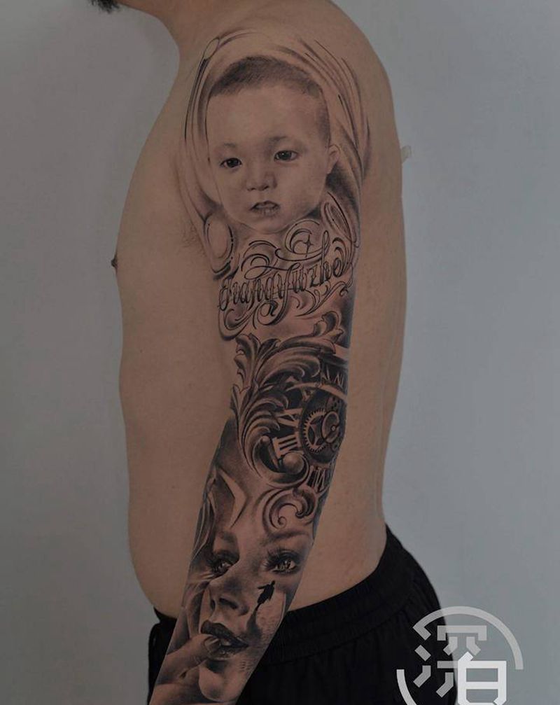 写实风格花臂纹身图片_手臂手部欧美写实肖像美女玫瑰纹身图案