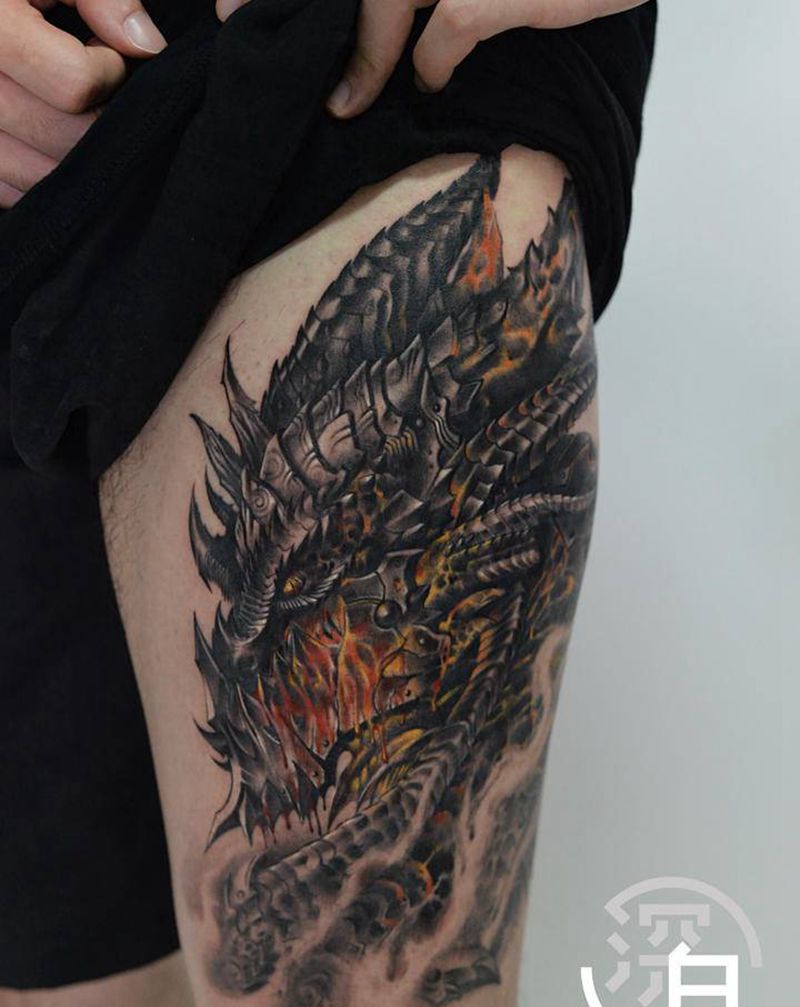 死亡之翼纹身图片_腿部欧美写实恐龙纹身图案