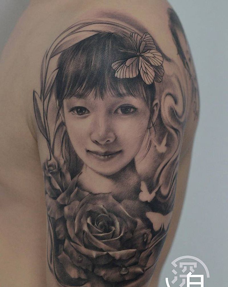 母子肖像纹身图片_手臂手部欧美写实肖像美女纹身图案