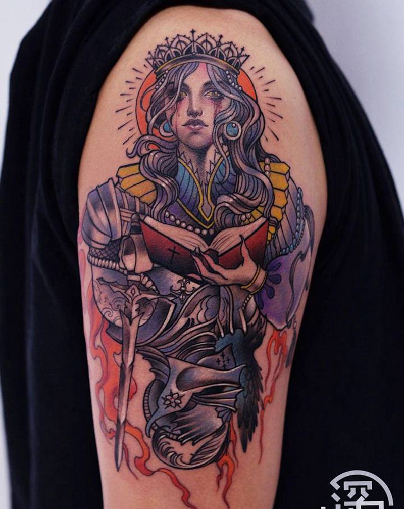 女王骑士纹身图片_手臂手部New School纹身图案
