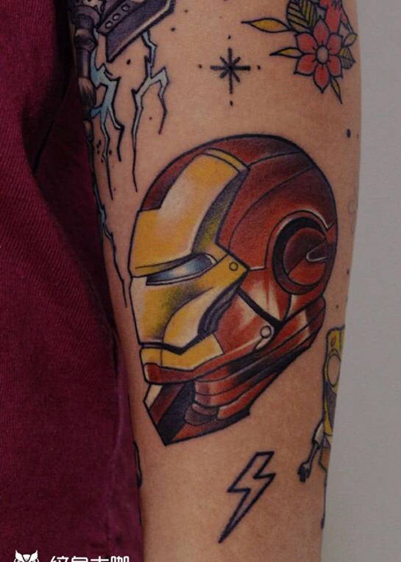 漫威英雄花臂拼接纹身图片_手臂手部New SchoolOld School漫威蜘蛛侠钢铁侠纹身图案