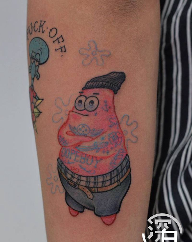 小清新纹身图片_手部手臂New School海绵宝宝纹身图案
