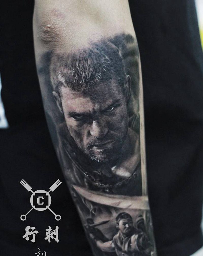 斯巴达克斯纹身图片_手臂欧美写实纹身图案