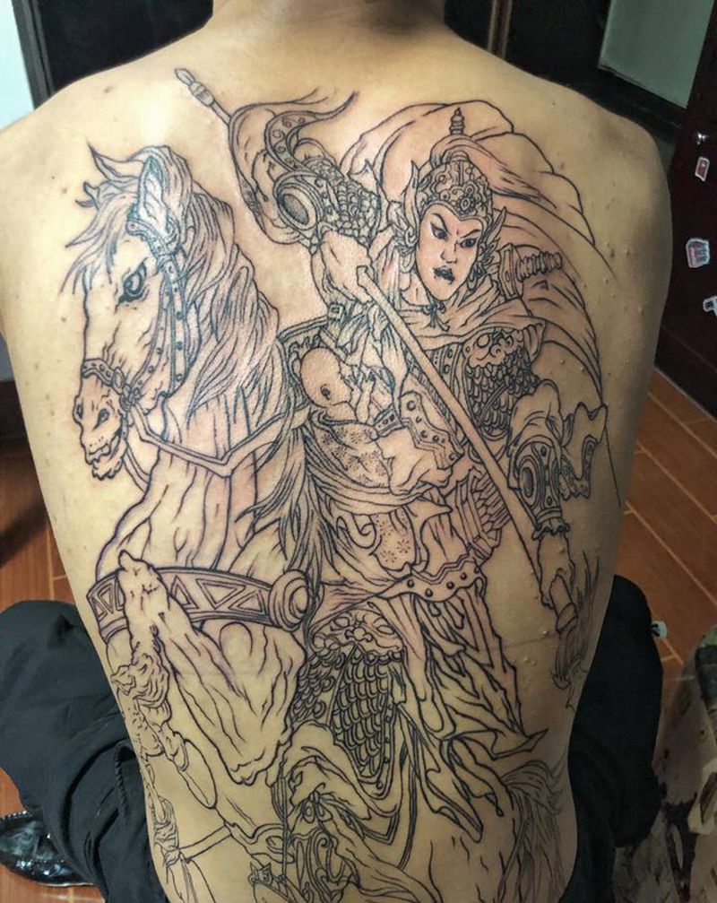 工笔画赵云救子纹身图片_水墨几何工笔画纹身图案