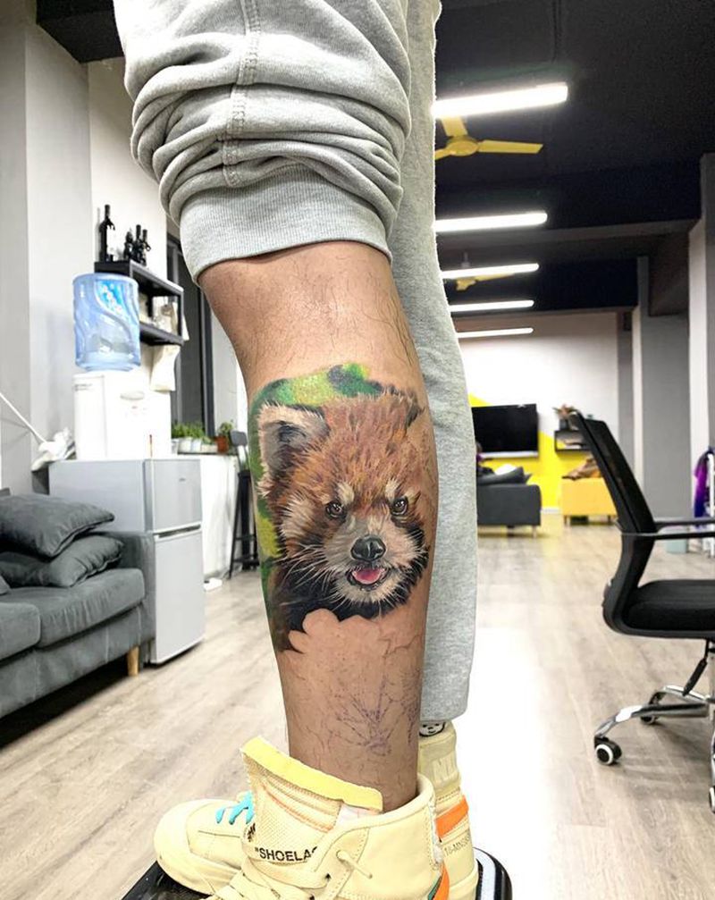 小浣熊 未完成纹身图片_腿部欧美写实纹身图案