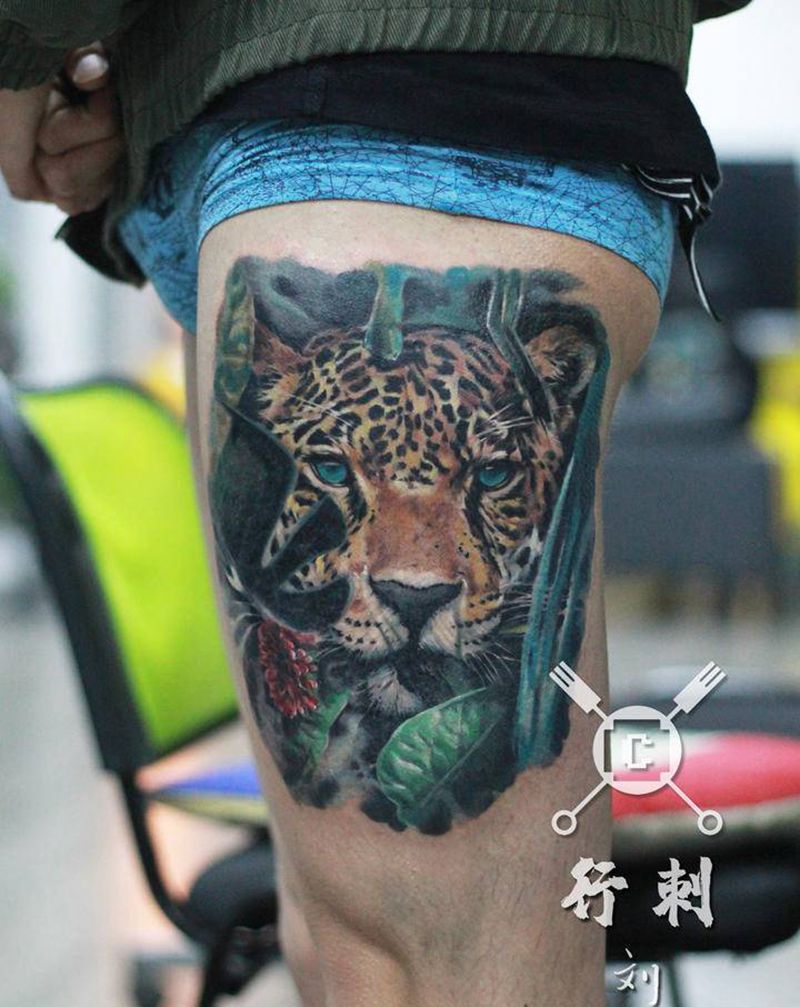 豹纹身图片_腿部欧美写实纹身图案