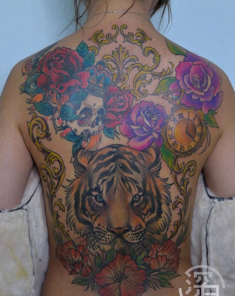 老虎满背纹身图片_背部New School老虎纹身图案