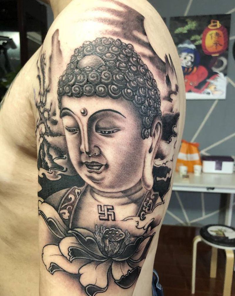 大臂如来纹身图片_手臂新传统纹身图案